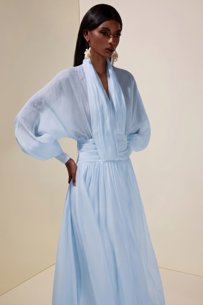 Chiffon V-Neck Lantern Sleeve Puff Midi Dress