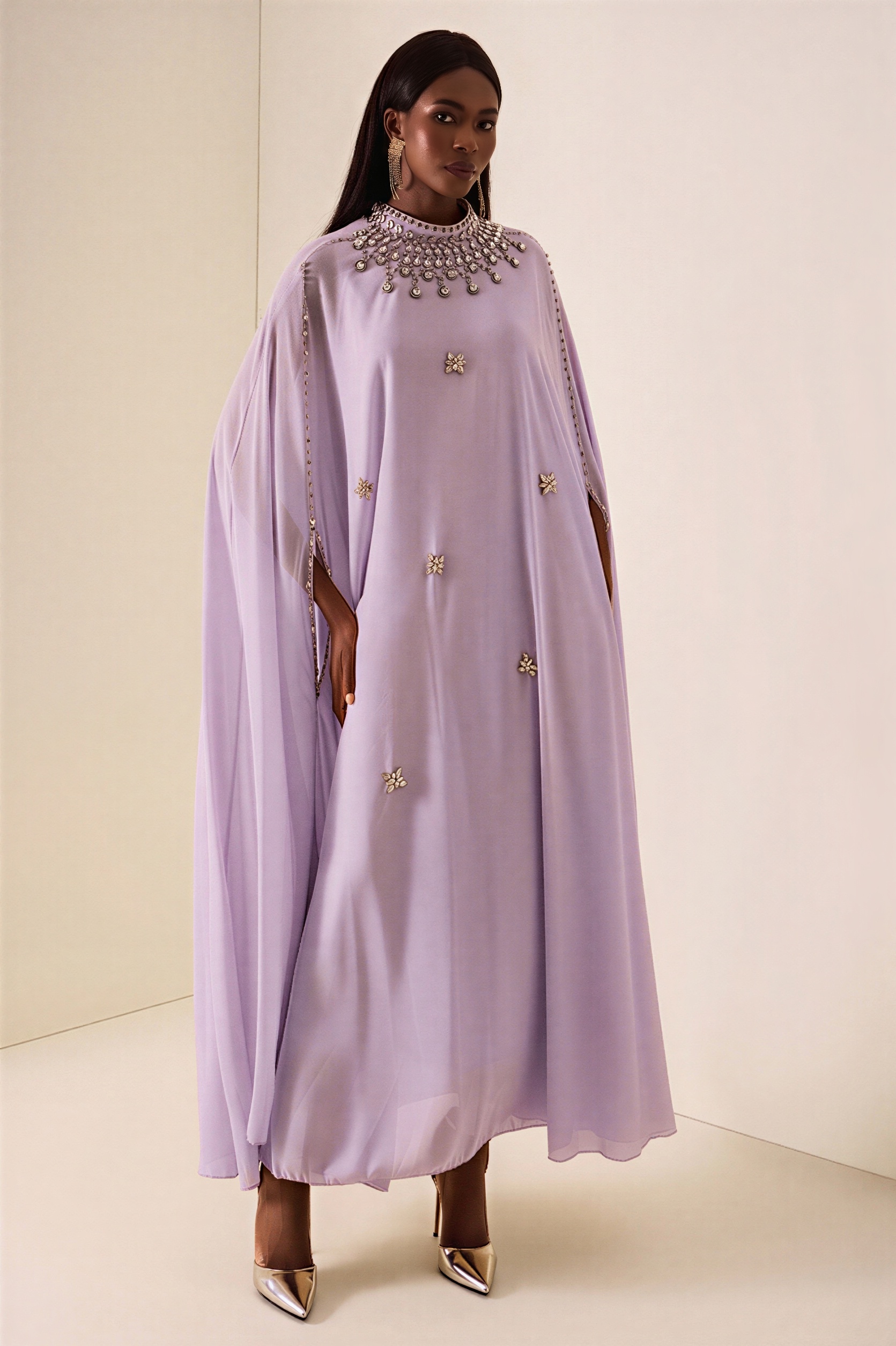 Chiffon Rhinestone Rivets Cape Midi Dress