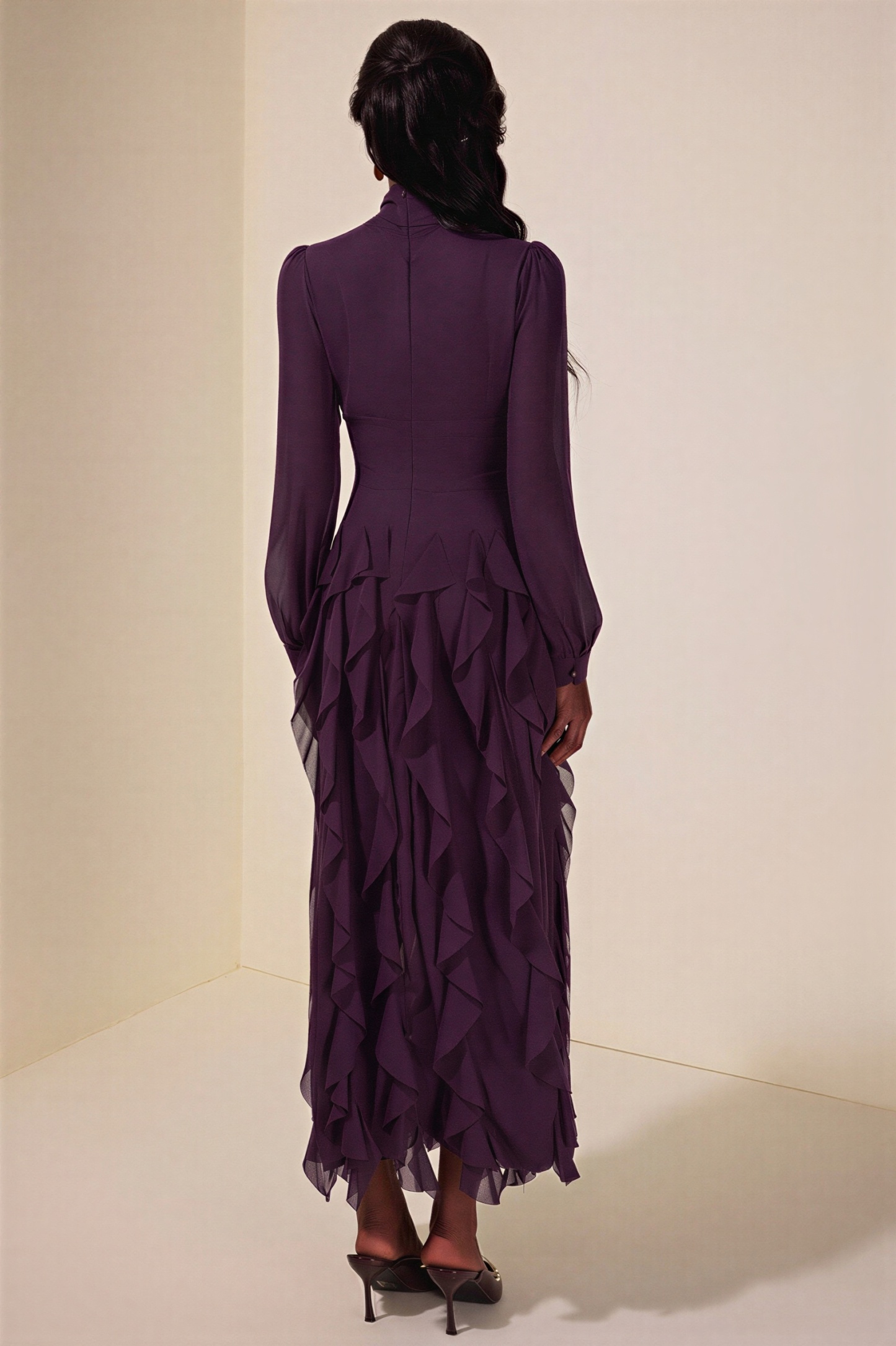 Chiffon Frill Beads Maxi Dress