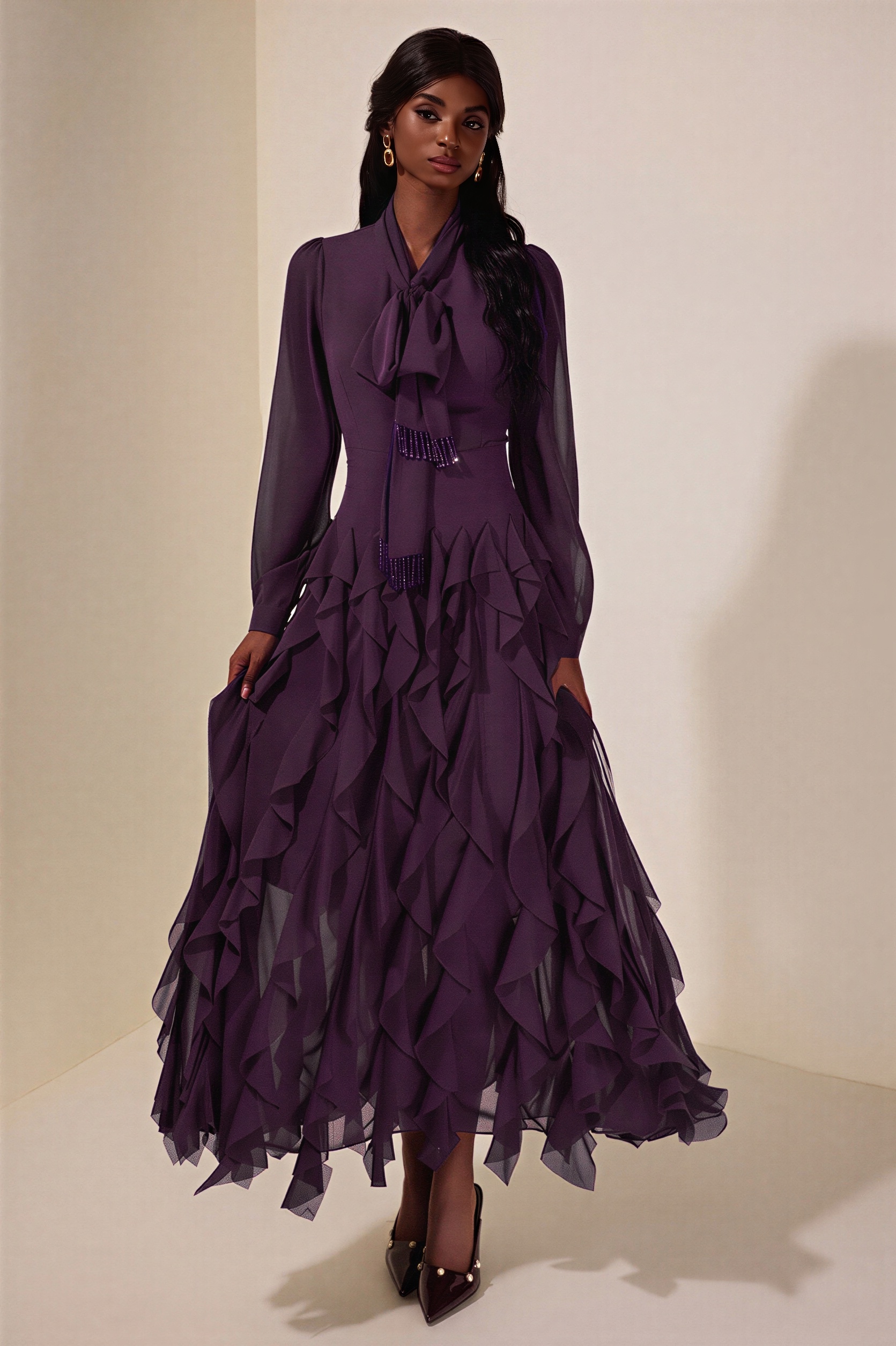Chiffon Frill Beads Maxi Dress