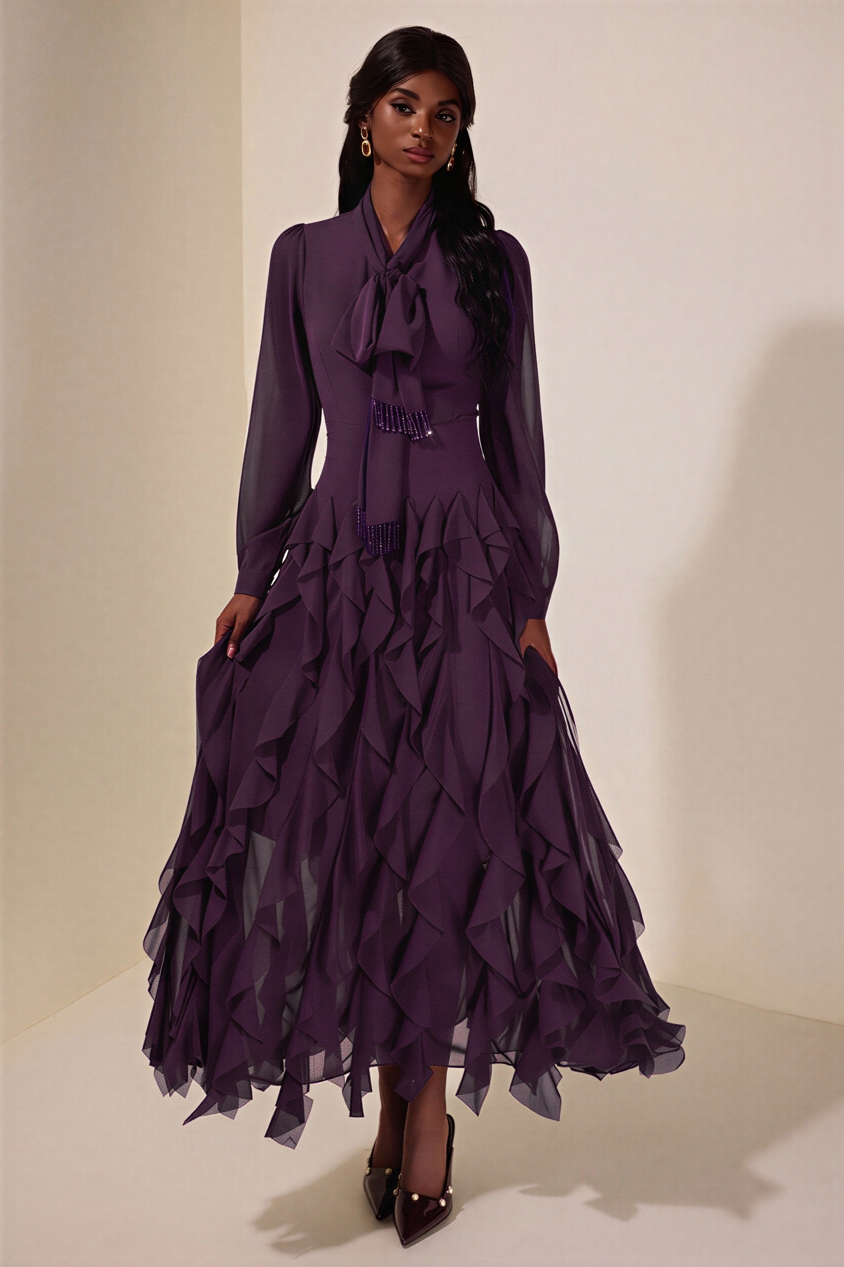 Chiffon Frill Beads Maxi Dress