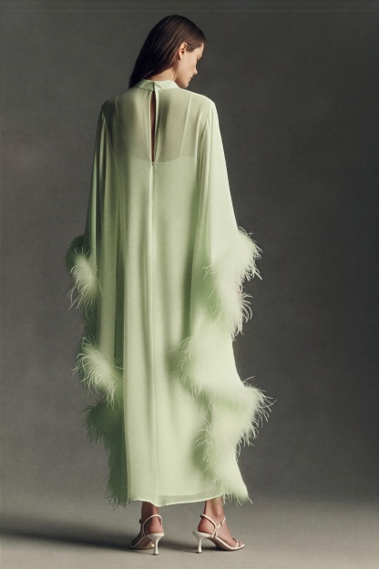 Feather Cape Stand Collar Maxi Dress