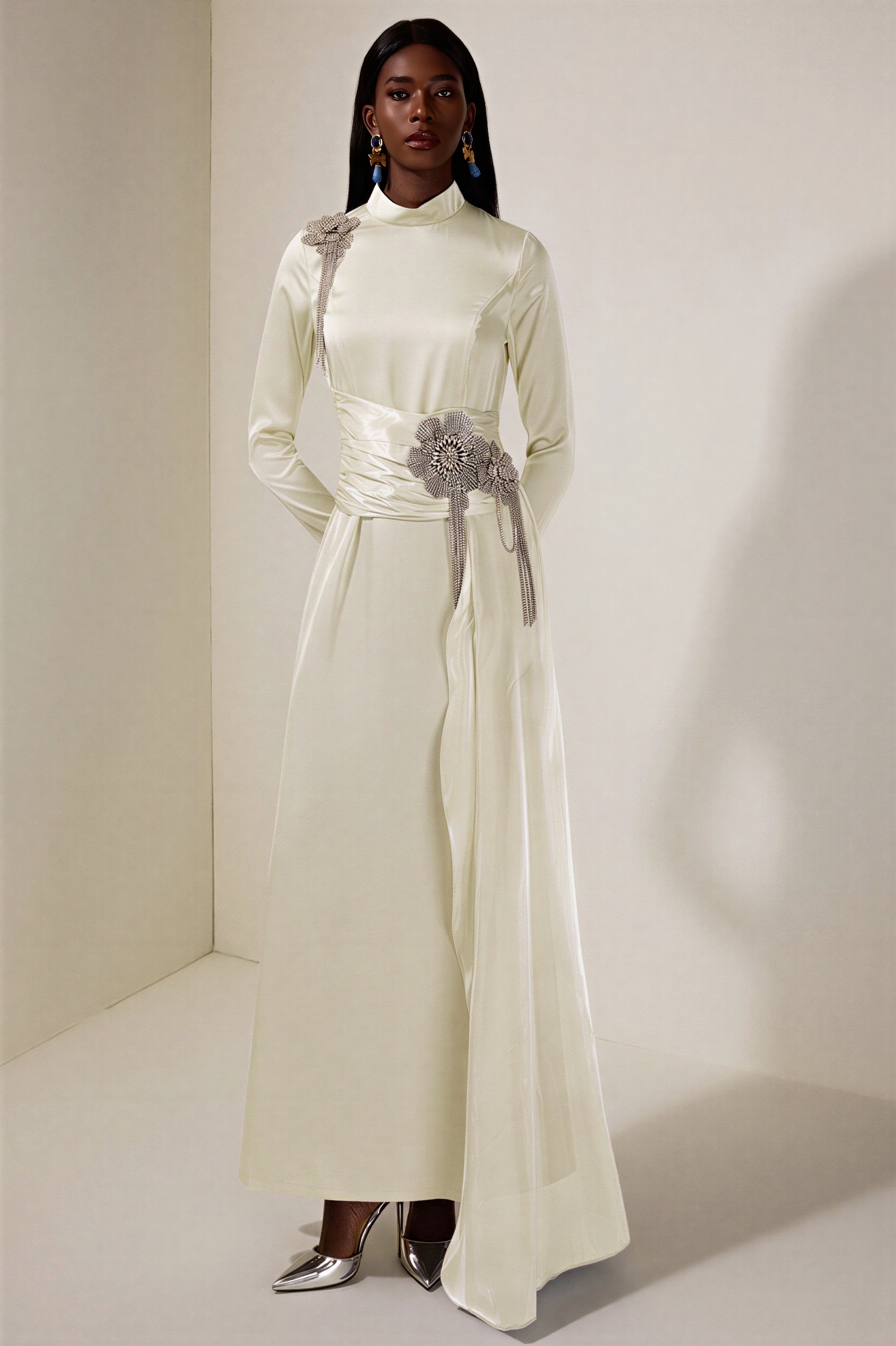 Rhinestone 3D Flower Satin Maxi Dress
