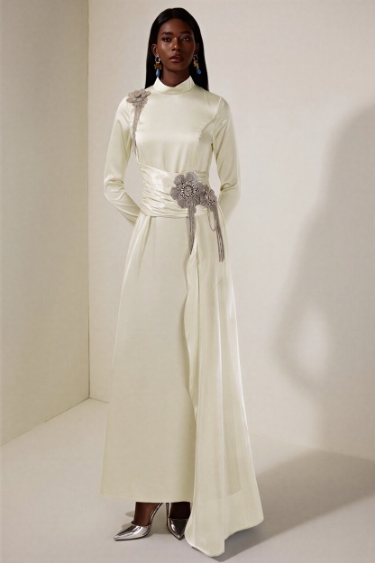Rhinestone 3D Flower Satin Maxi Dress