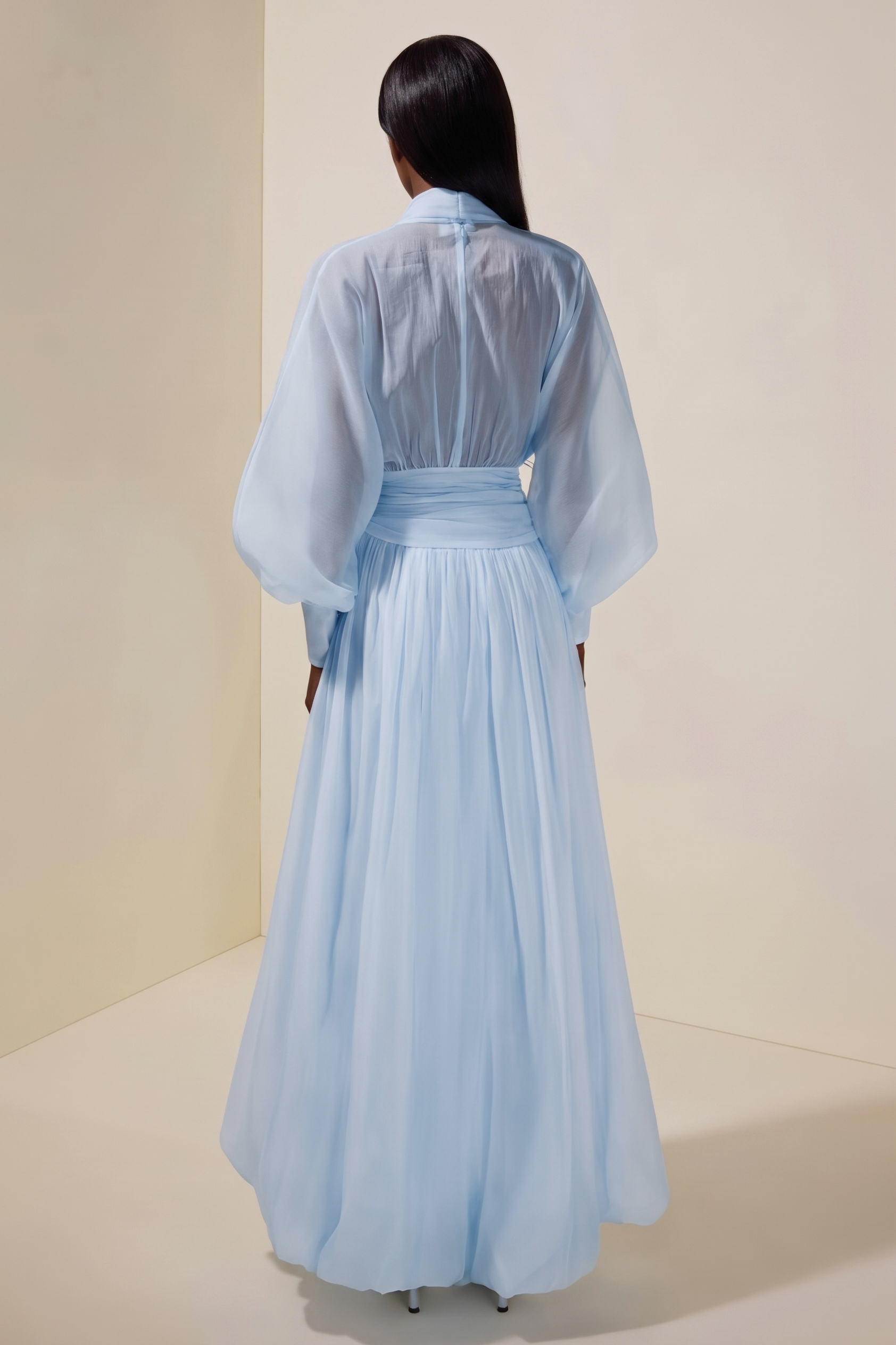 Chiffon V-Neck Lantern Sleeve Puff Midi Dress