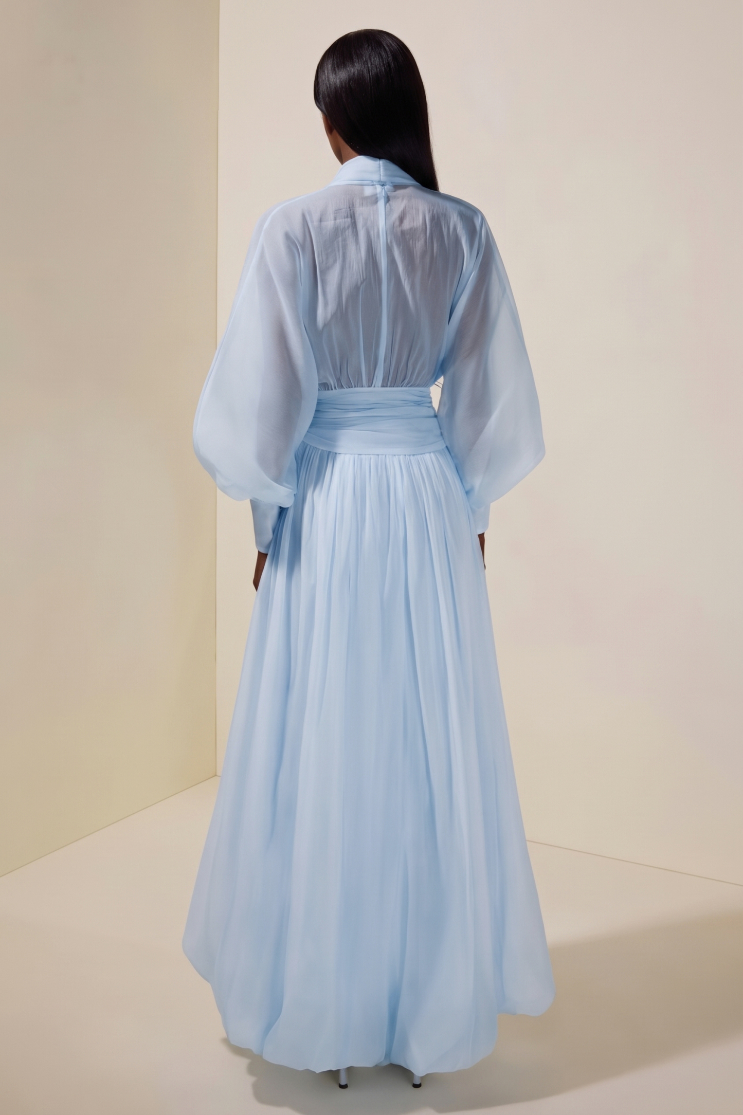 Chiffon V-Neck Lantern Sleeve Puff Midi Dress