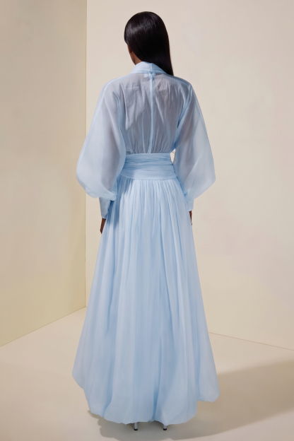 Chiffon V-Neck Lantern Sleeve Puff Midi Dress