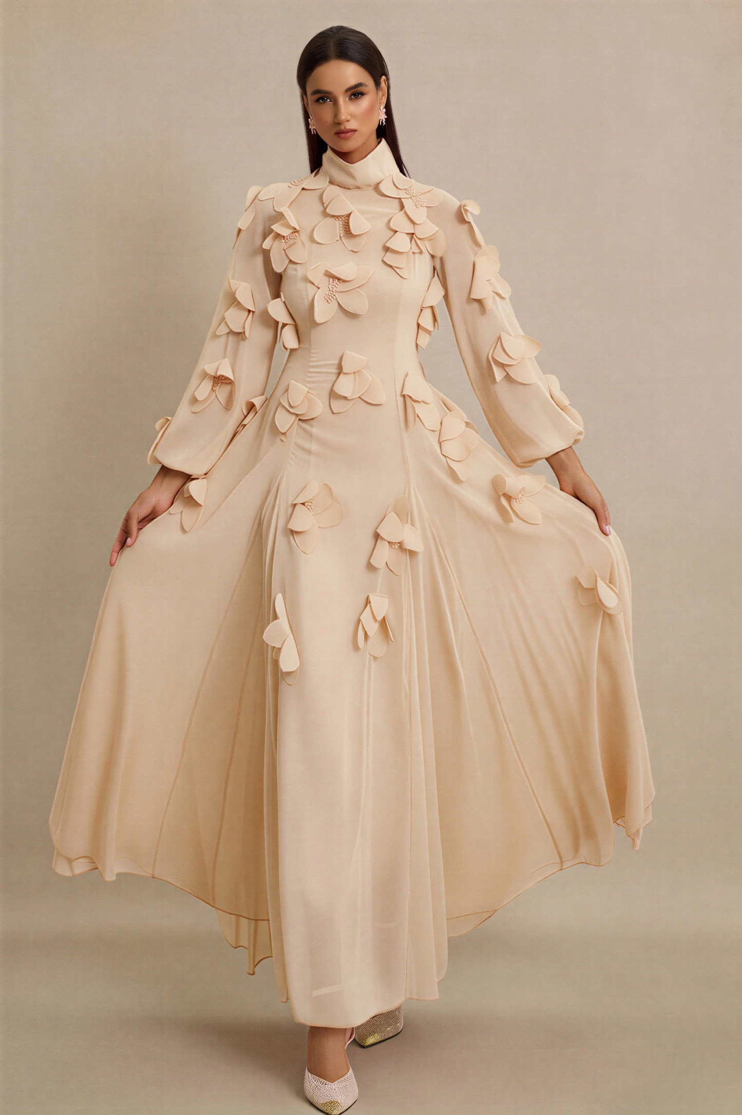 3D Flower Stand Collar Long Sleeve Maxi Dress
