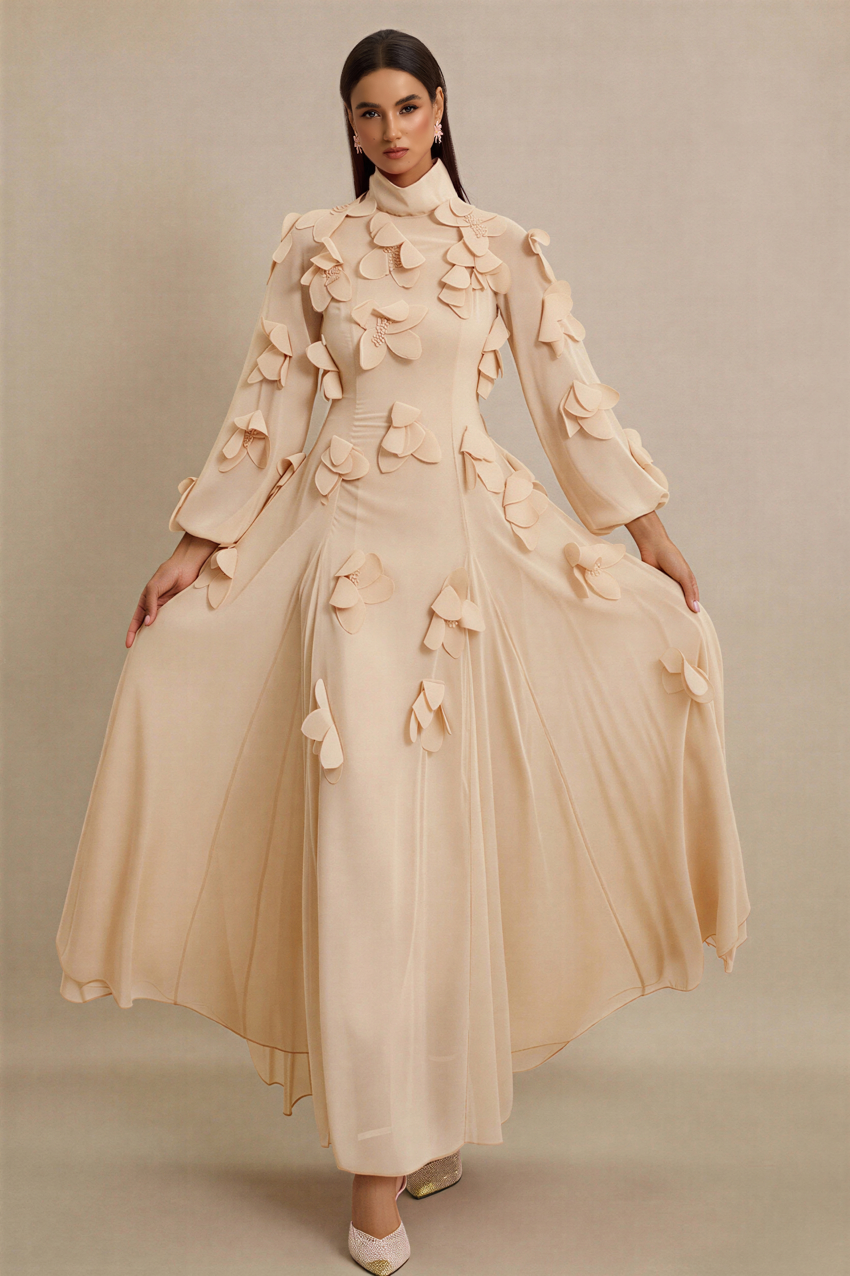 3D Flower Stand Collar Long Sleeve Maxi Dress