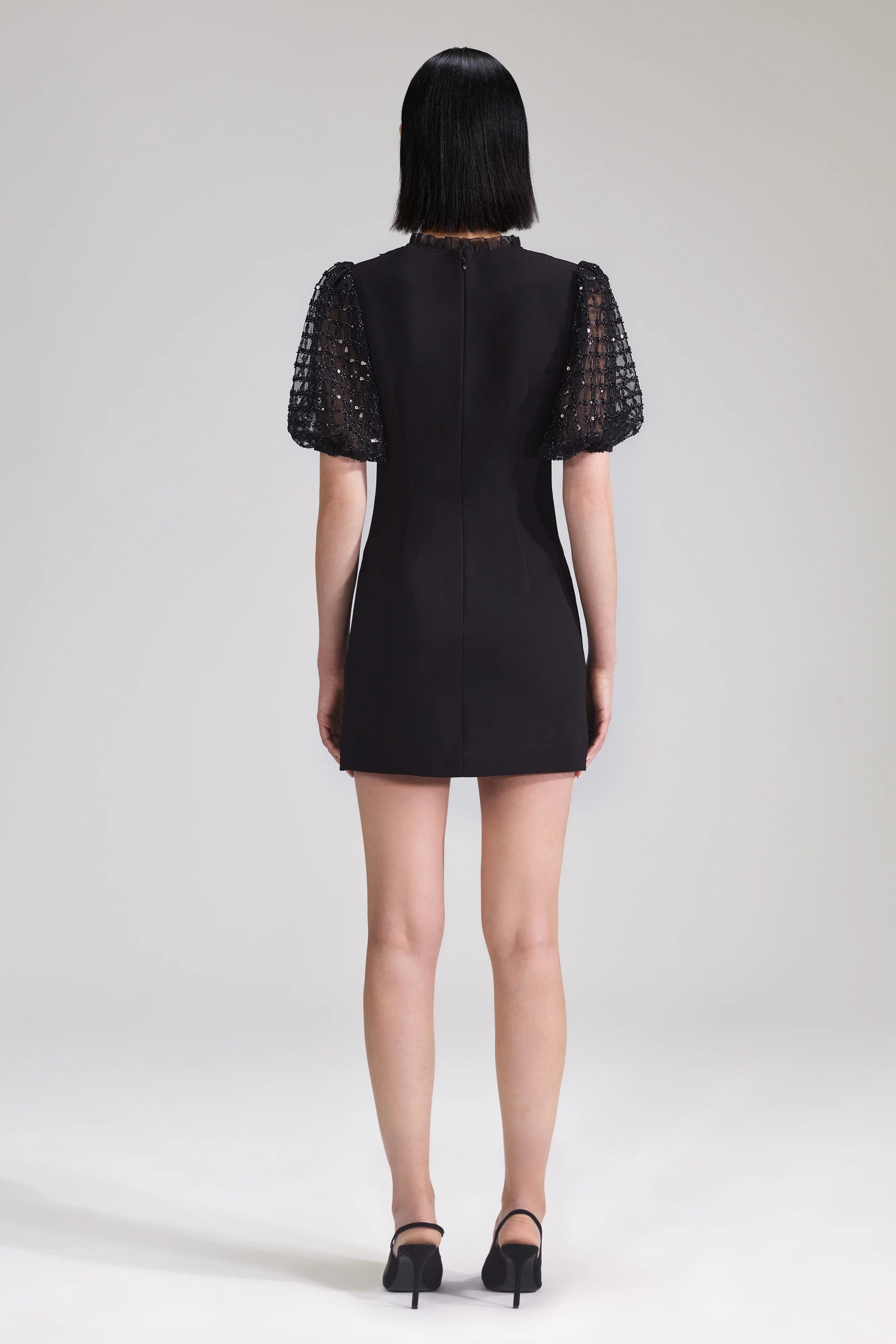 Sequin Crepe Puff Sleeve Mini Dress Black