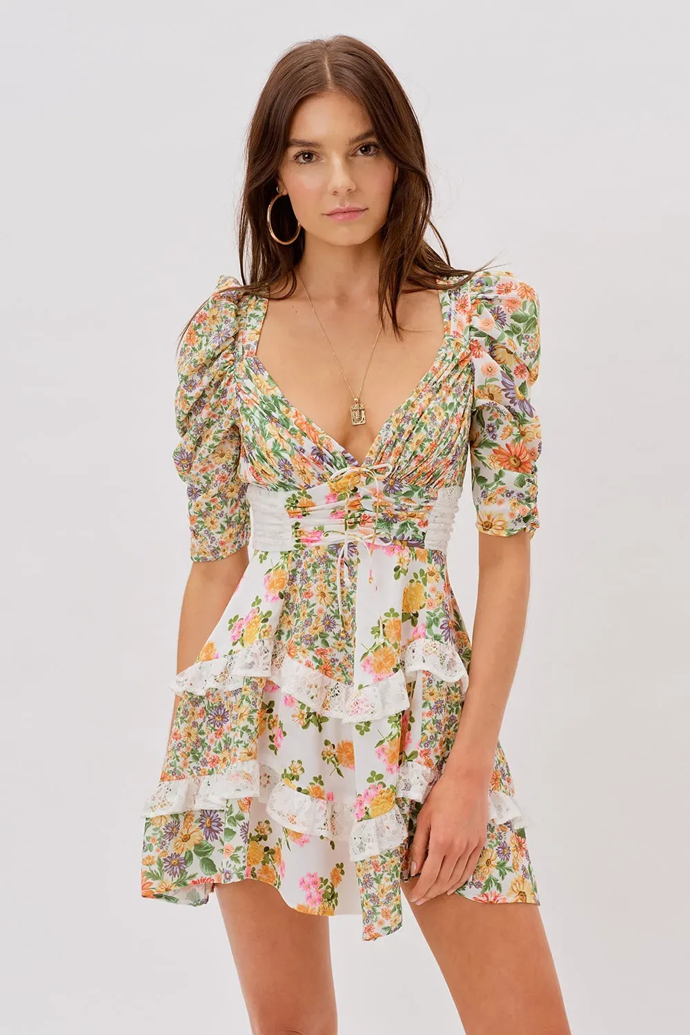 Floral V-Neck Puff Sleeve Ruffle Hem Mini Dress Yellow – JardinVue