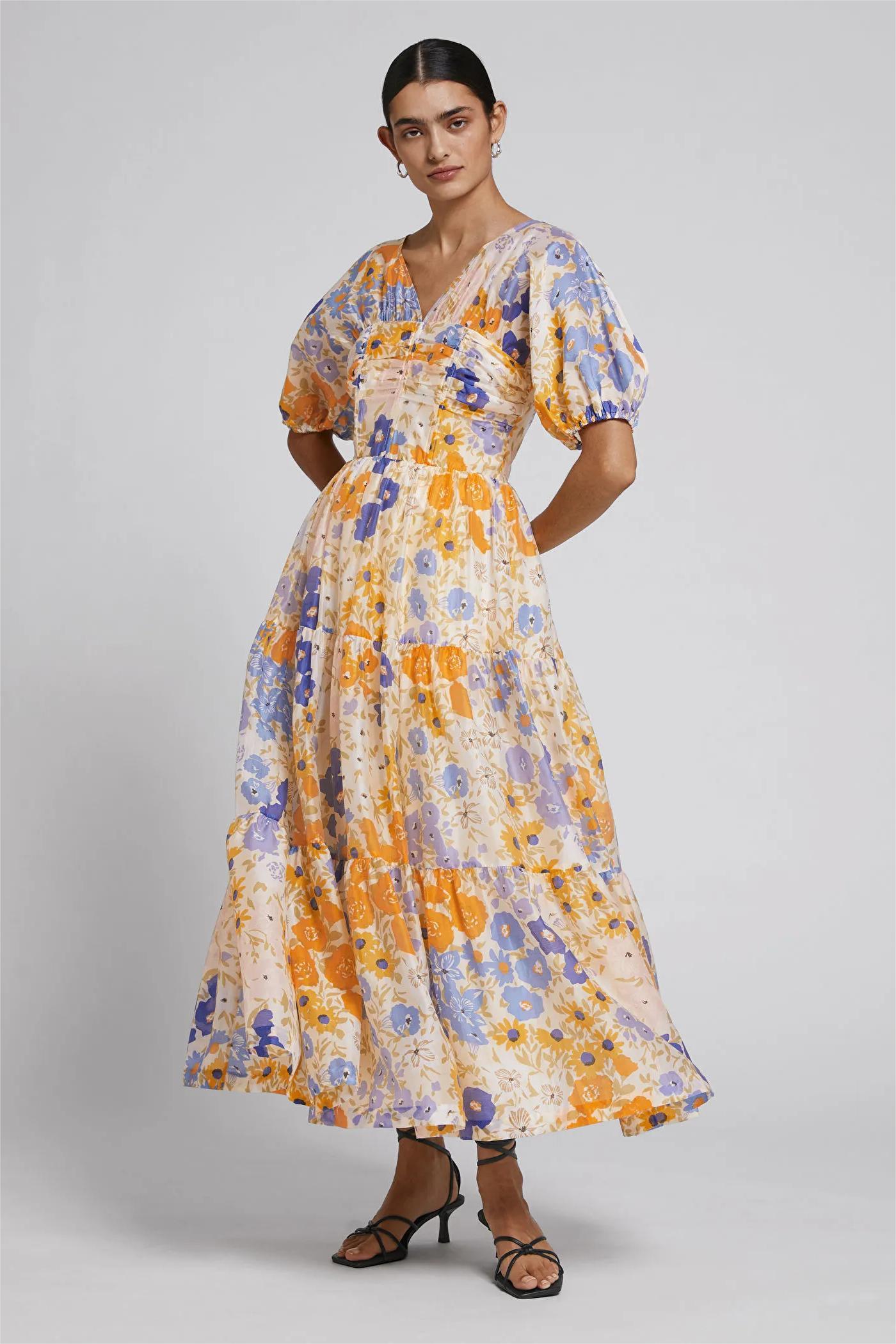 Floral Puff Sleeve V-Neck Maxi Dress