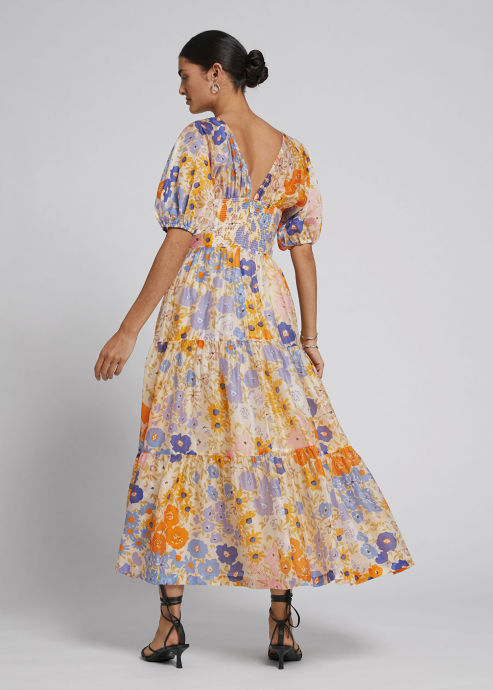 Khaki Floral Puff Sleeve V Neck Buttoned Front Maxi Dress
