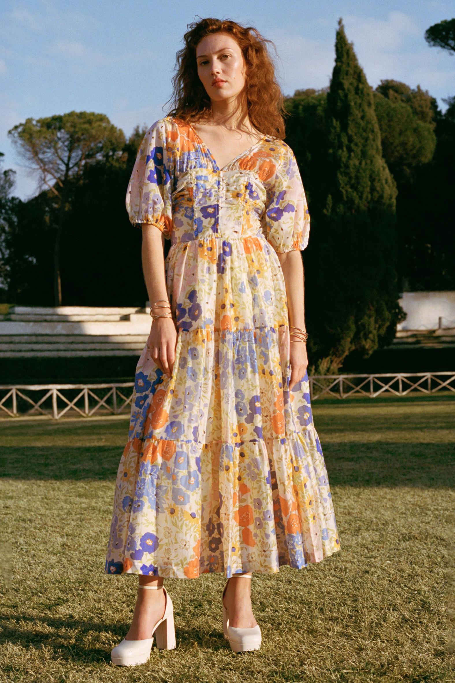 Floral Puff Sleeve V-Neck Maxi Dress
