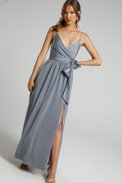 Cami V-Neck Wrapover Pleated Lace Up Slit Maxi Dress Grey