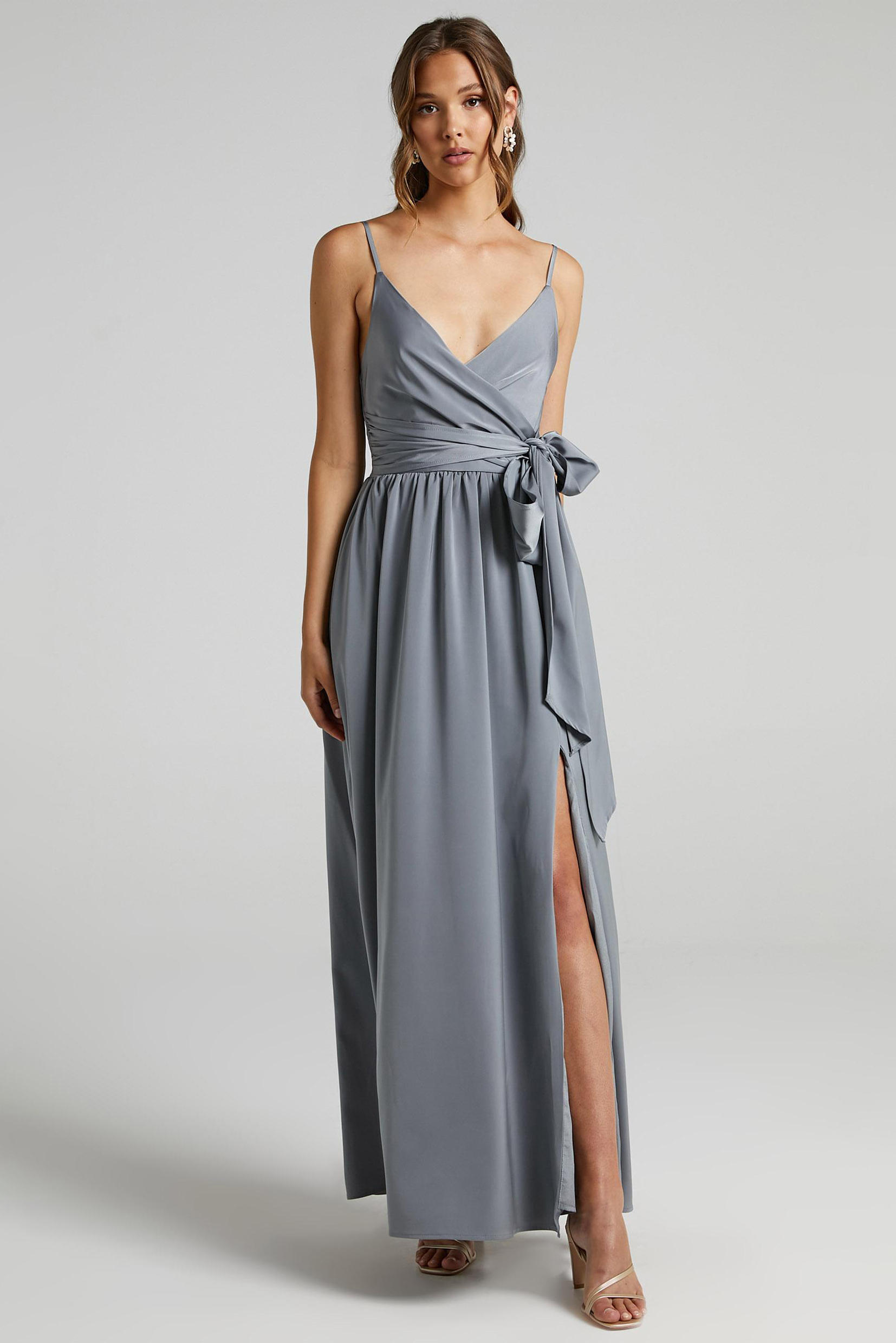 Cami V-Neck Wrapover Pleated Lace Up Slit Maxi Dress Grey