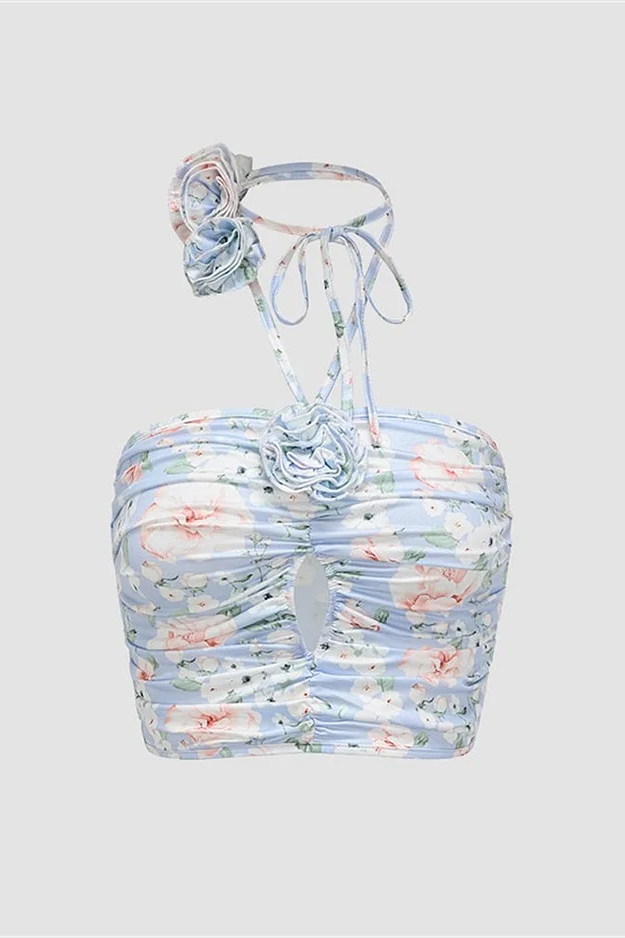 Floral Halter Neck Backless Top