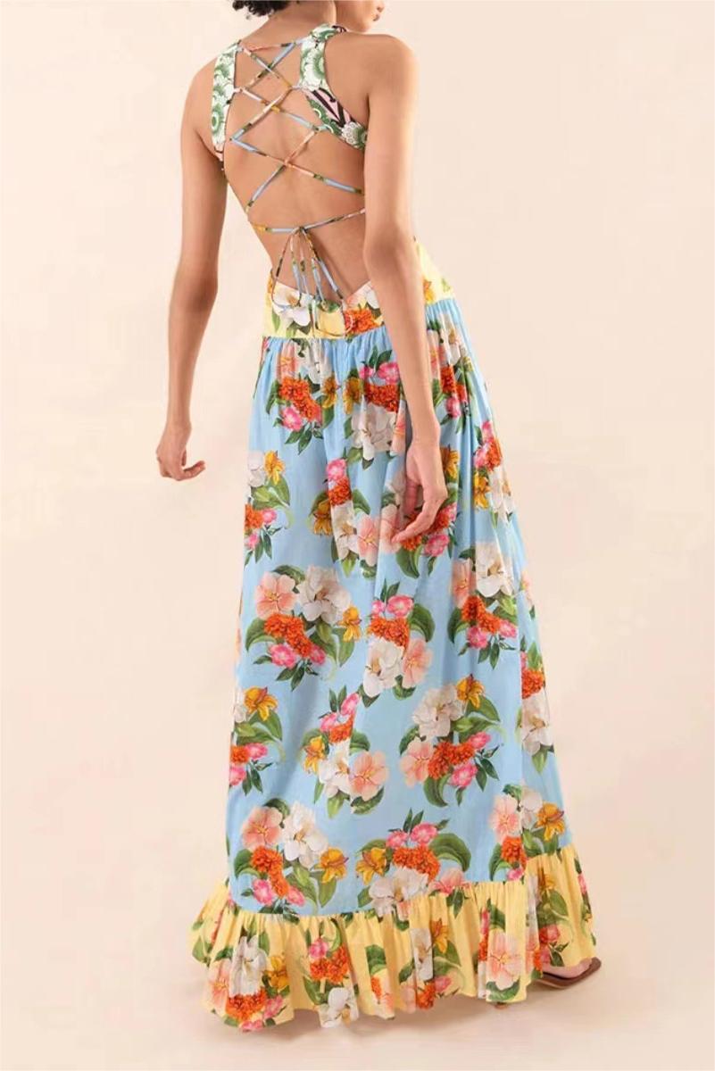 Floral Lace-Up Ruffle Hem Maxi Dress