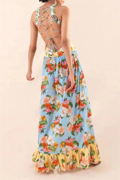 Floral Lace-Up Ruffle Hem Maxi Dress