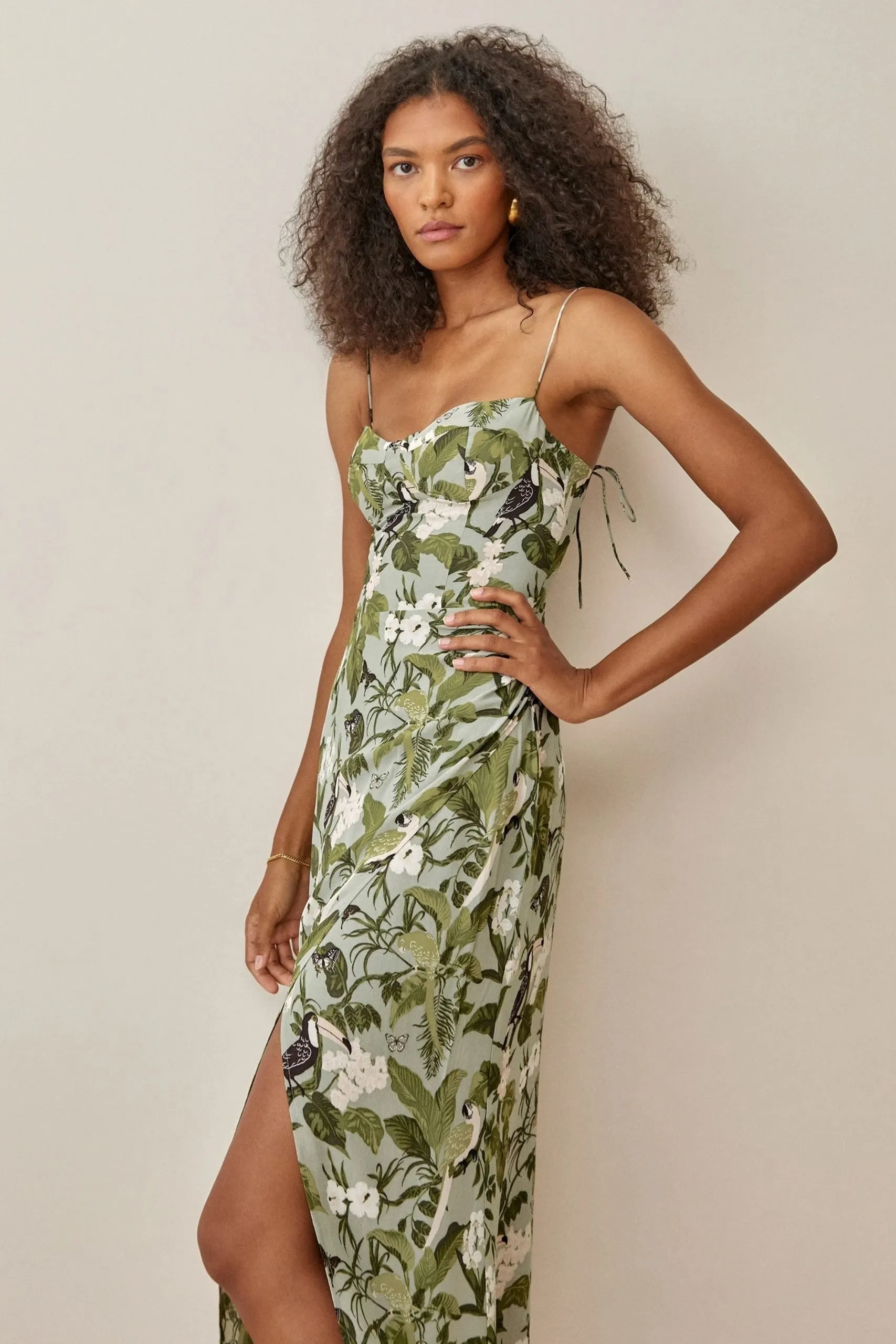 Floral Cami Slit Ruched Backless Mid Dress JardinVue