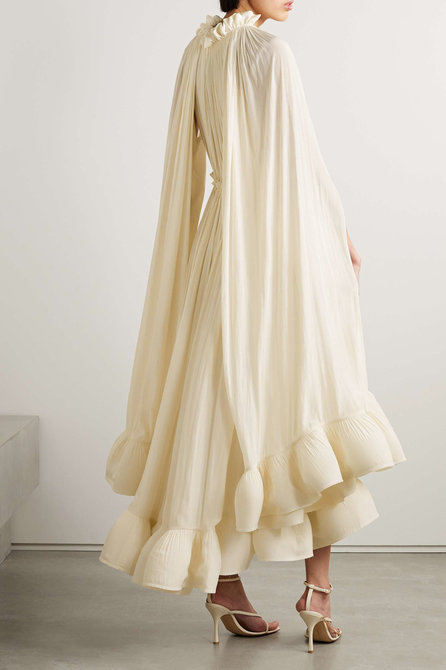 V-Neck Ruffle Hem Cape Midi Dress Beige – JardinVue