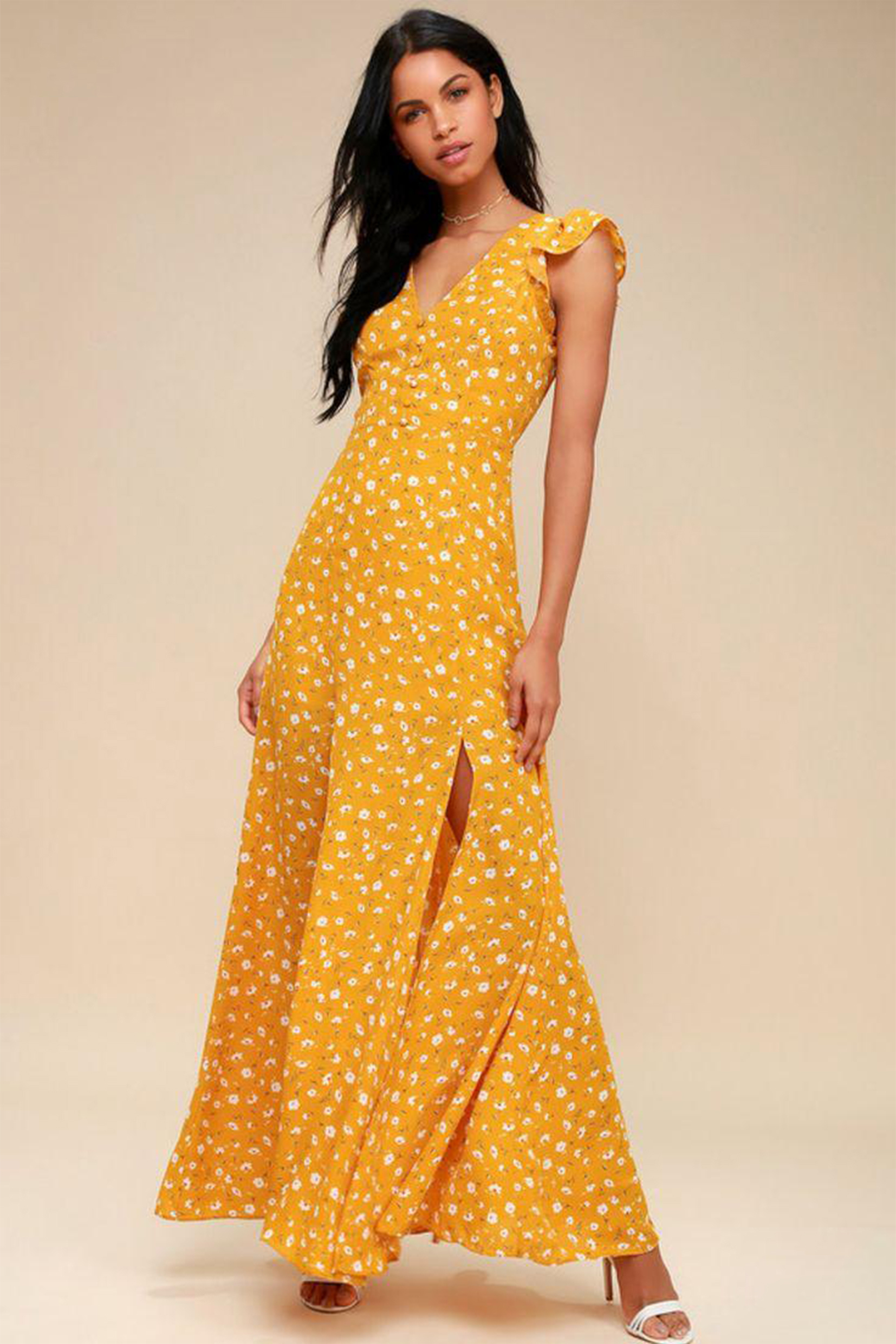 Flutter Sleeve V-Neck Slit Maxi Dress