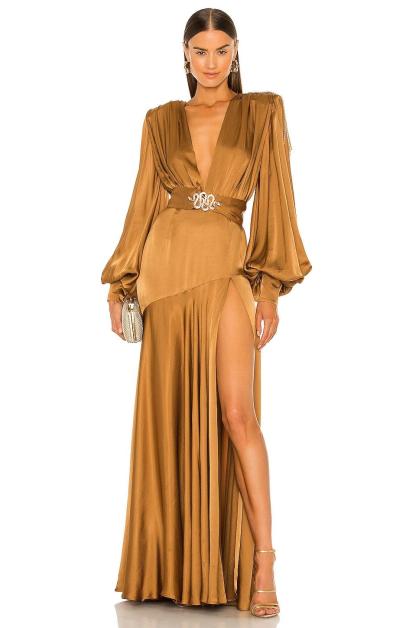 Lantern Sleeve V-Neck Slit Maxi Dress Yellow