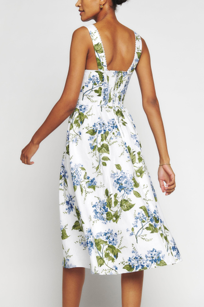 Floral Square Collar Cami Tapered Waist Midi Dress