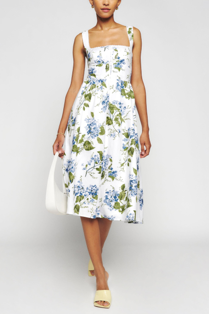 Floral Square Collar Cami Tapered Waist Midi Dress