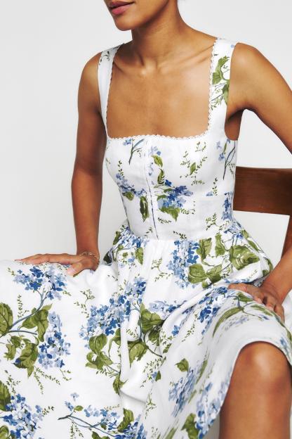 Floral Square Collar Cami Tapered Waist Midi Dress