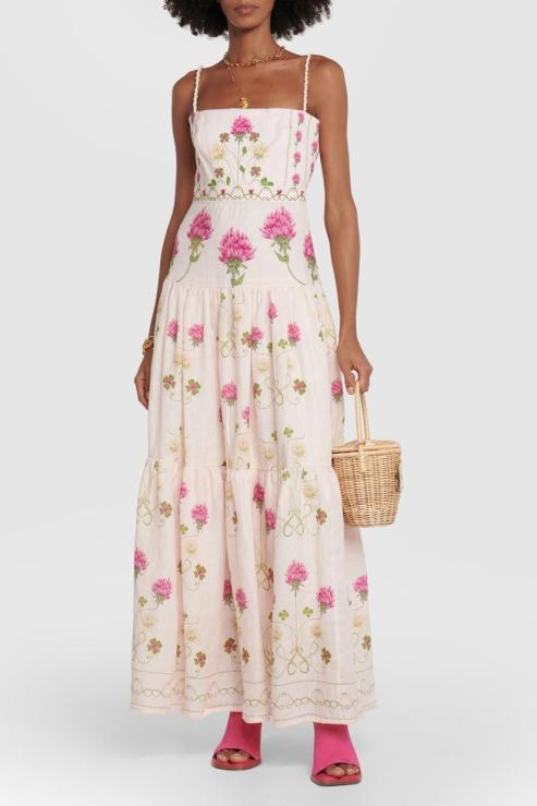 Floral Cami Tapered Waist Frill Hem Midi Dress Green