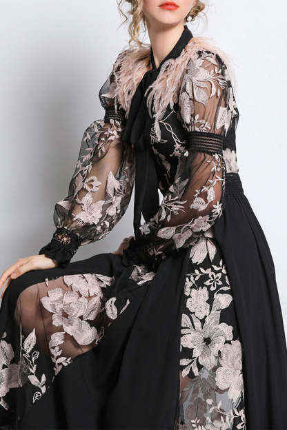Long Sleeve Scarf Collar Lace Up Midi Dress