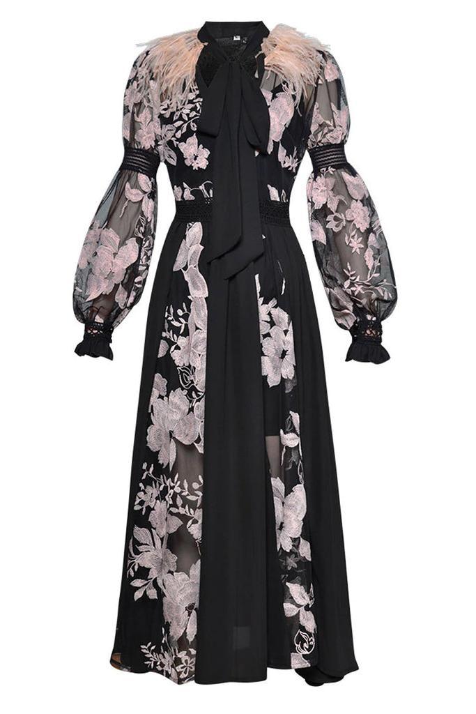 Long Sleeve Scarf Collar Lace Up Midi Dress