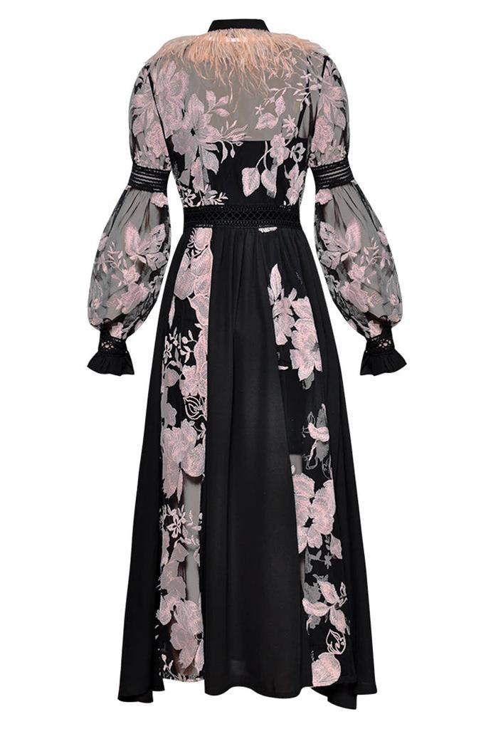 Long Sleeve Scarf Collar Lace Up Midi Dress