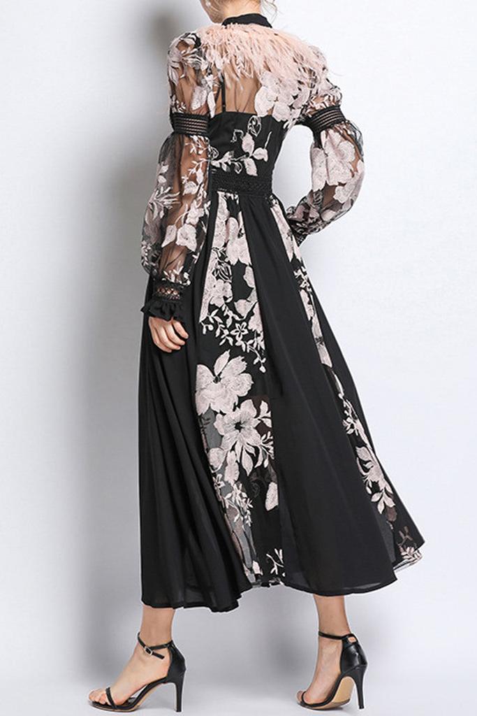Long Sleeve Scarf Collar Lace Up Midi Dress