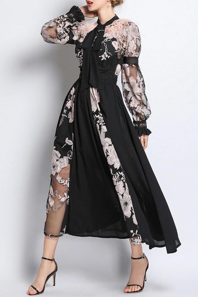 Long Sleeve Scarf Collar Lace Up Midi Dress