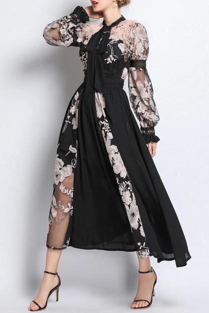 Long Sleeve Scarf Collar Lace Up Midi Dress