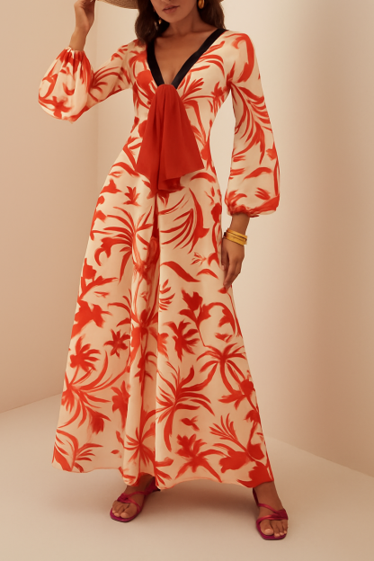 Animal Print Long Sleeve V-Neck Wide Leg Jumpsuit