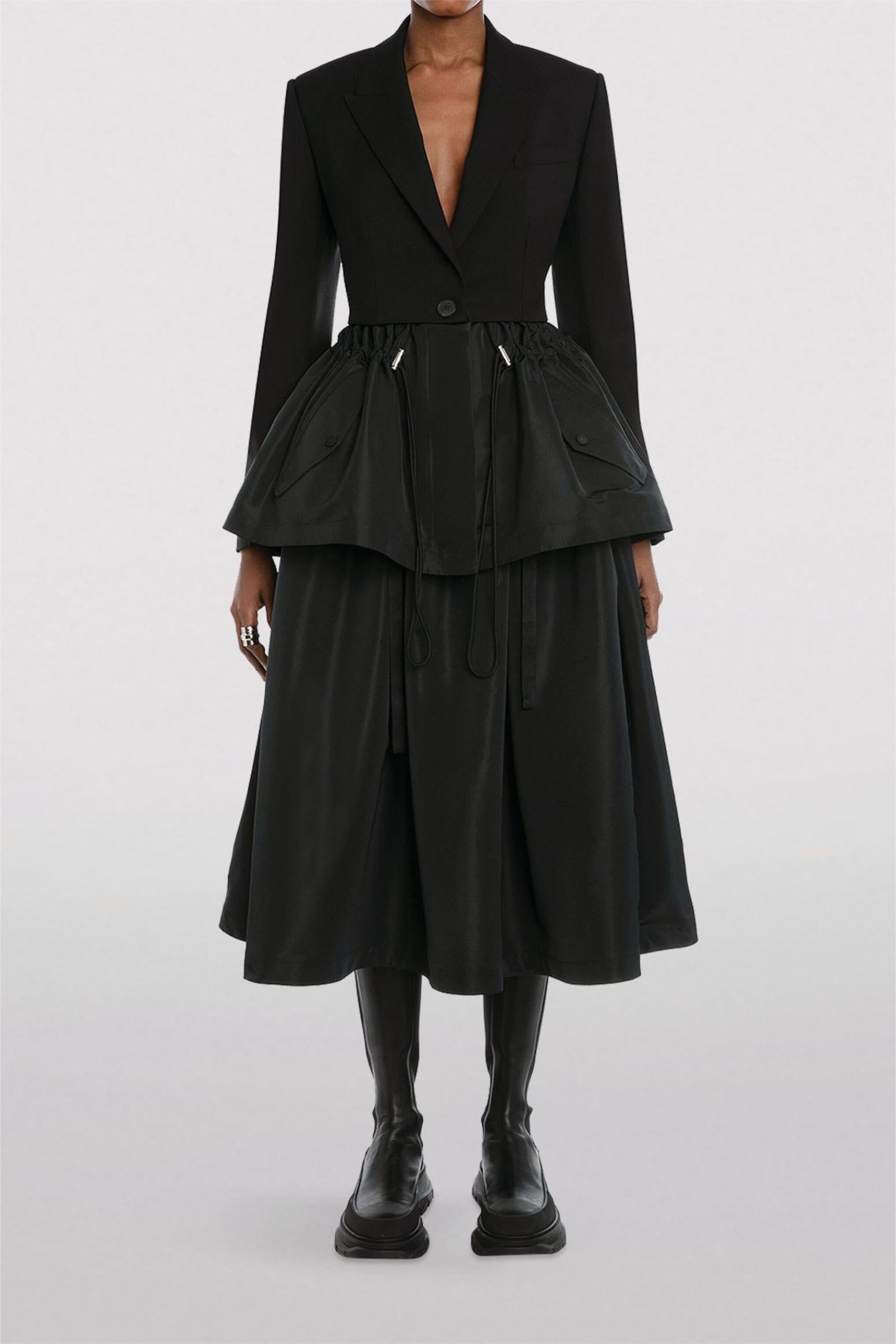 Drawstring Ruffle Hem Blazer Black