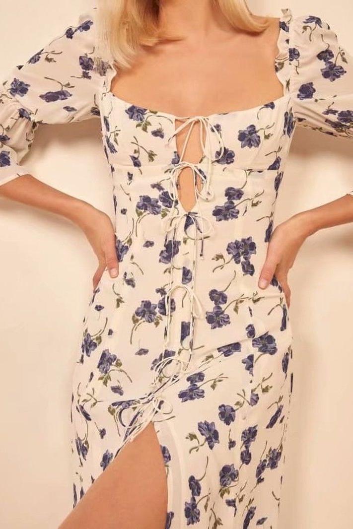 Floral Square Collar Lace Up Slit Midi Dress