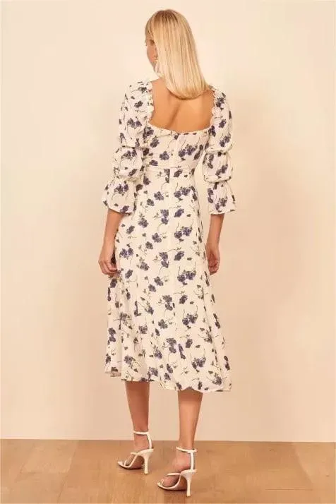 Floral Square Collar Lace Up Slit Midi Dress