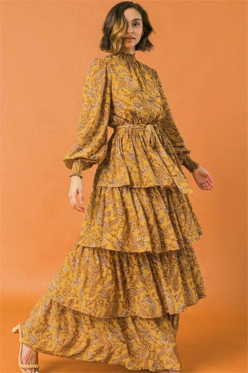 Floral Lantern Sleeve Belted Tiered Ruffle Trim Maxi Dress