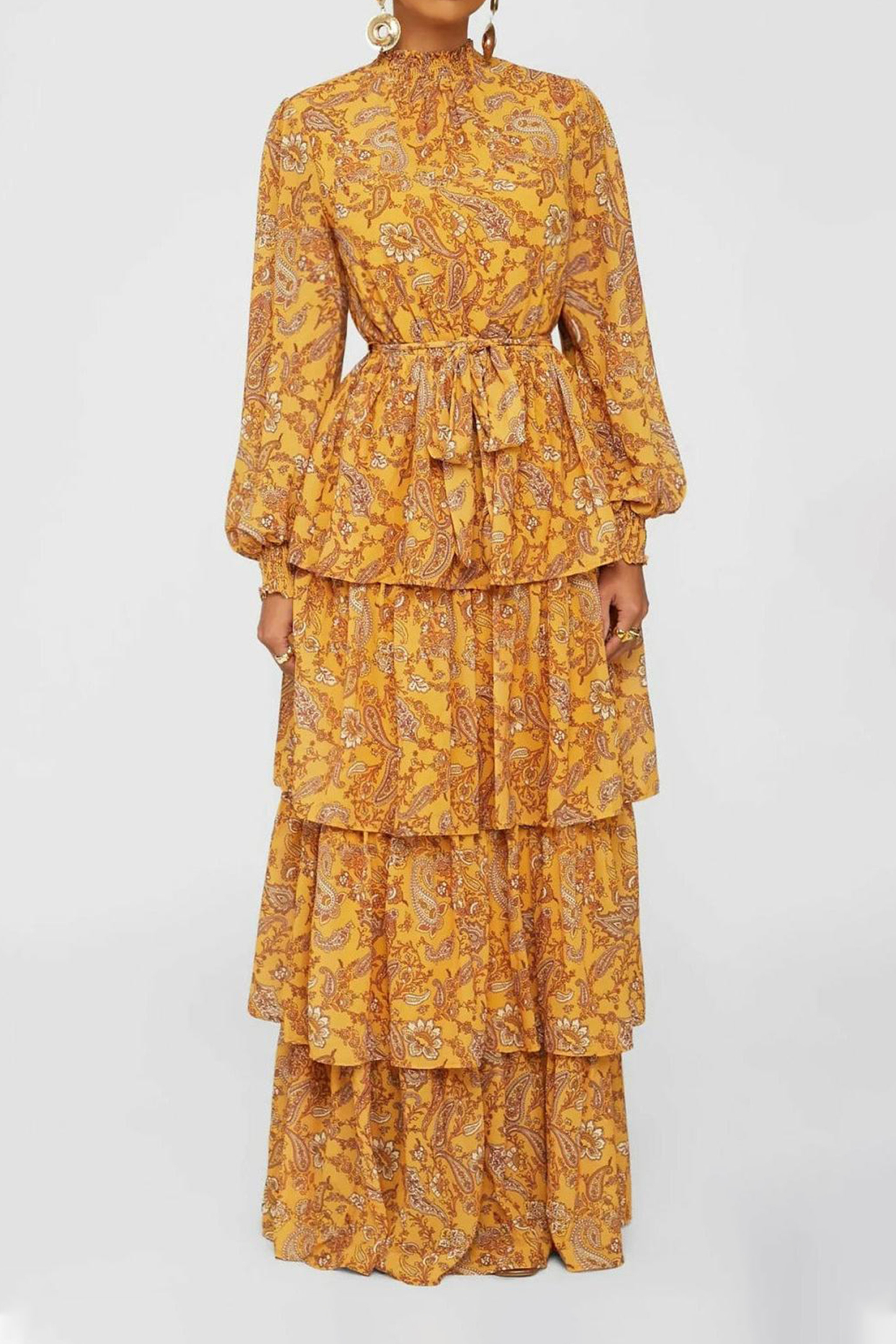 Floral Lantern Sleeve Stand Collar Belted Tiered Ruffle Trim Maxi Dress