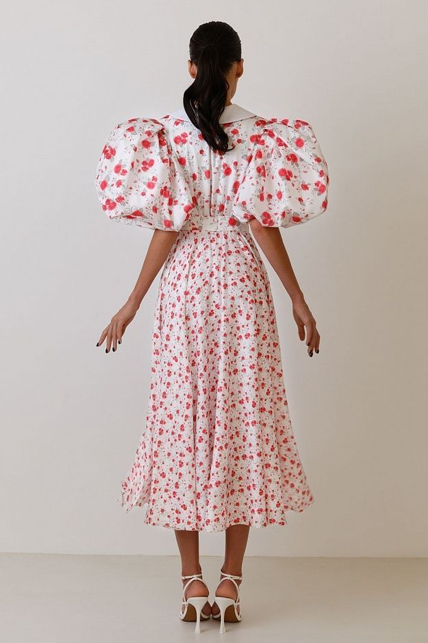 Floral Puff Sleeves V-neck Tapered Waist Midi Dress Pink