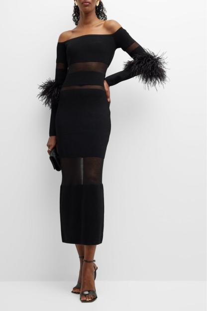 Long Sleeve Off-Shoulder Feather Midi Dress