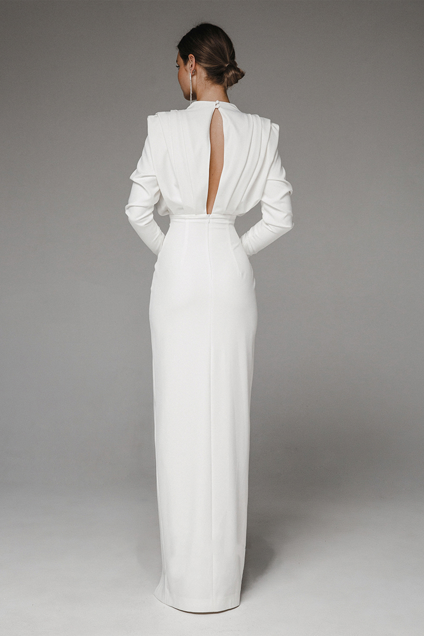 Stand Collar Long Sleeve Pleated Waist Slit Maxi Dress