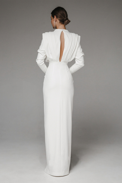 Stand Collar Long Sleeve Pleated Waist Slit Maxi Dress