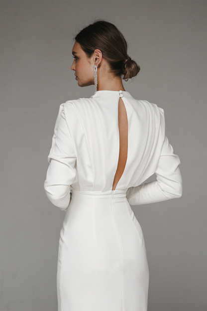 Stand Collar Long Sleeve Pleated Waist Slit Maxi Dress