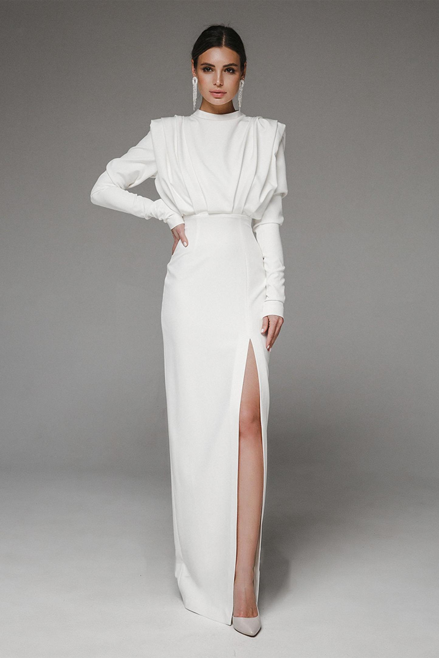 Stand Collar Long Sleeve Pleated Waist Slit Maxi Dress