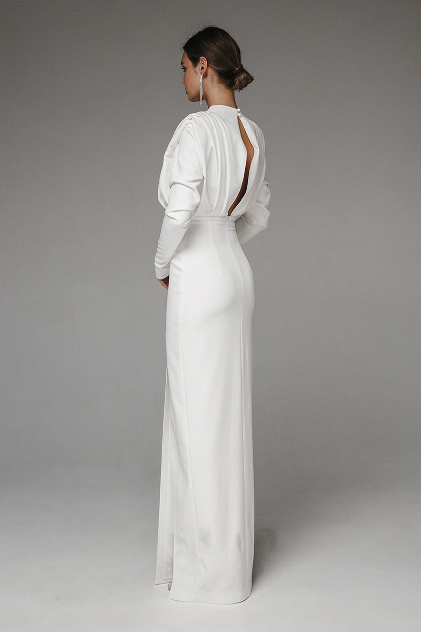 Stand Collar Long Sleeve Pleated Waist Slit Maxi Dress